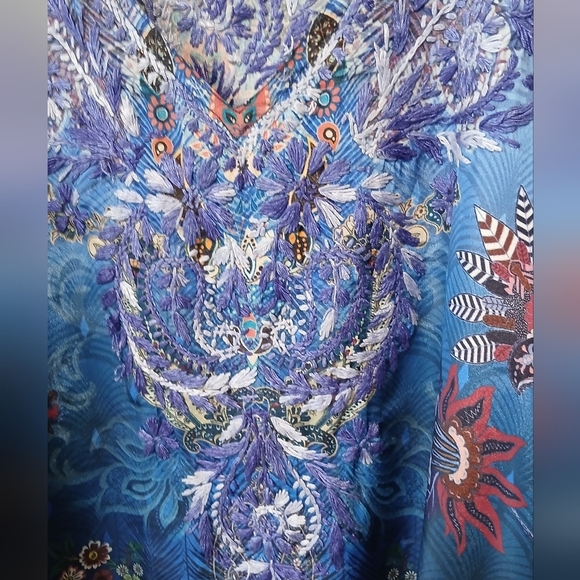 Handmade 100% Polysilk Embroidered Blue Purple Floral Artsy Caftan Cover-up OS - Picture 2 of 8
